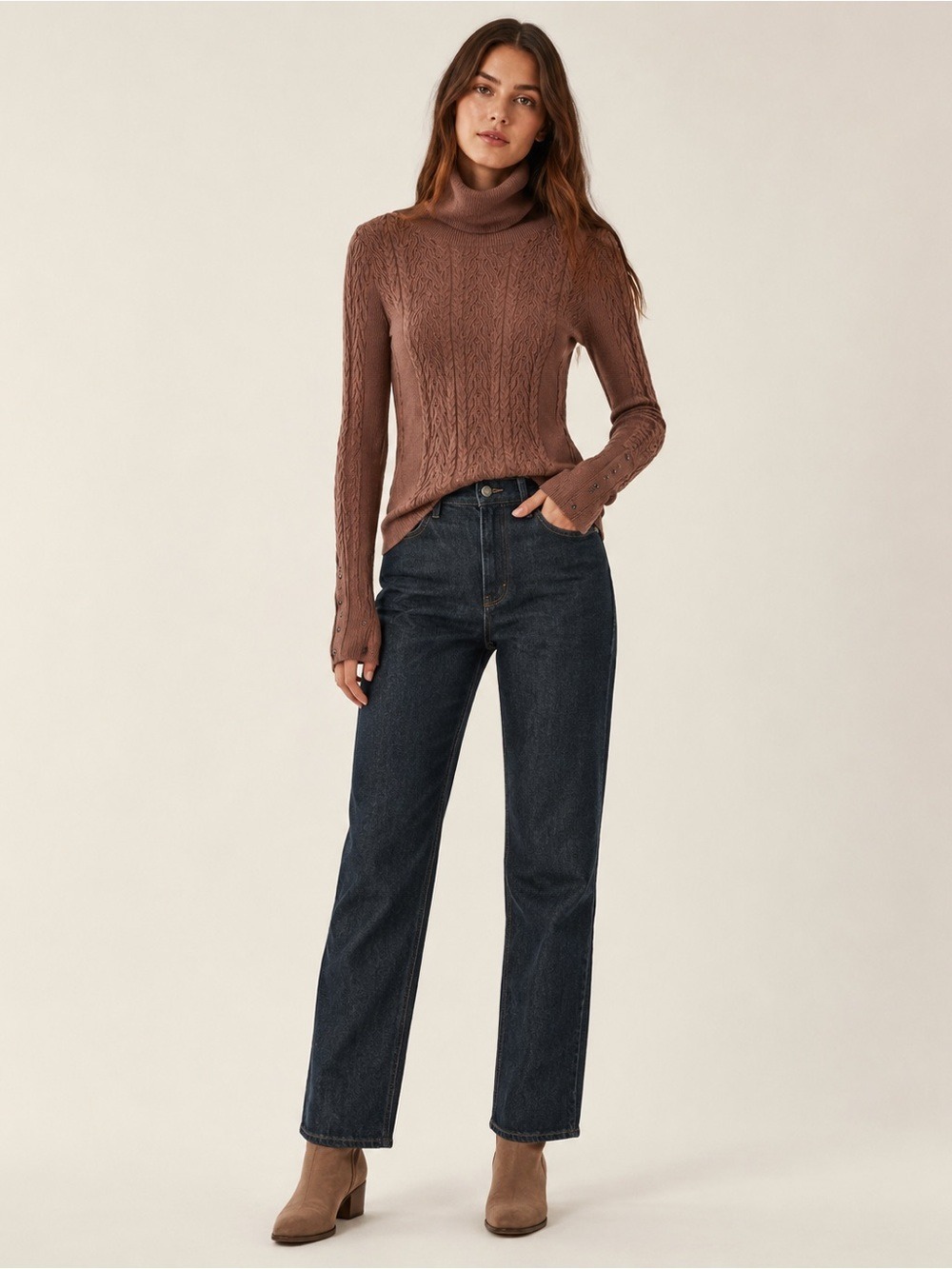 Free People Turtleneck Sweater Dusty Rose Cable Knit Extra Small Small